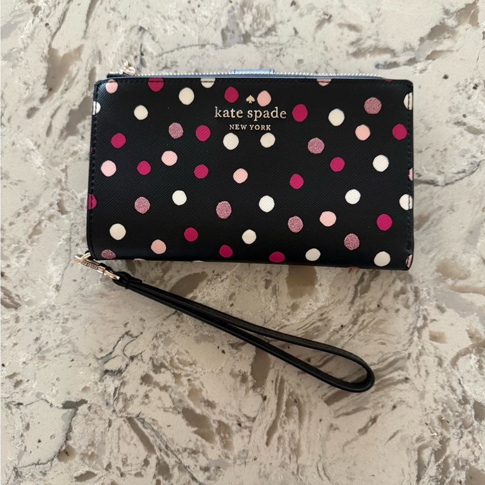Kate Spade Wristlet Phone Wallet with Pink, White, and Glitter Dot Pattern NWT!
